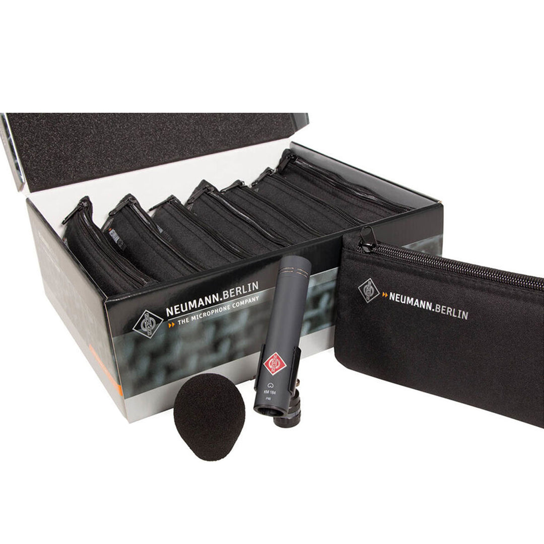 Neumann KM 184 mt Octo Set KM 184 Octo Set. Includes (8) KM 184 mt Microphones, (8) WNS 100 Windscreens, (8) SG 21 bk Stand Mount Swivels and (8) Microphone Pouch, black