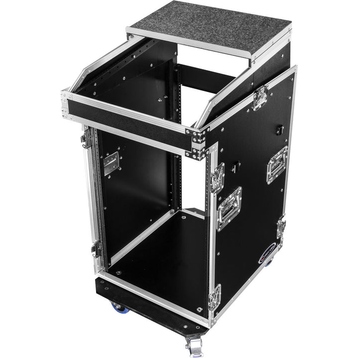 Odyssey FZGS1416WDLX Pro Combo Rack w/ Glide Platform, Side Table & Casters - 14U Over 16U