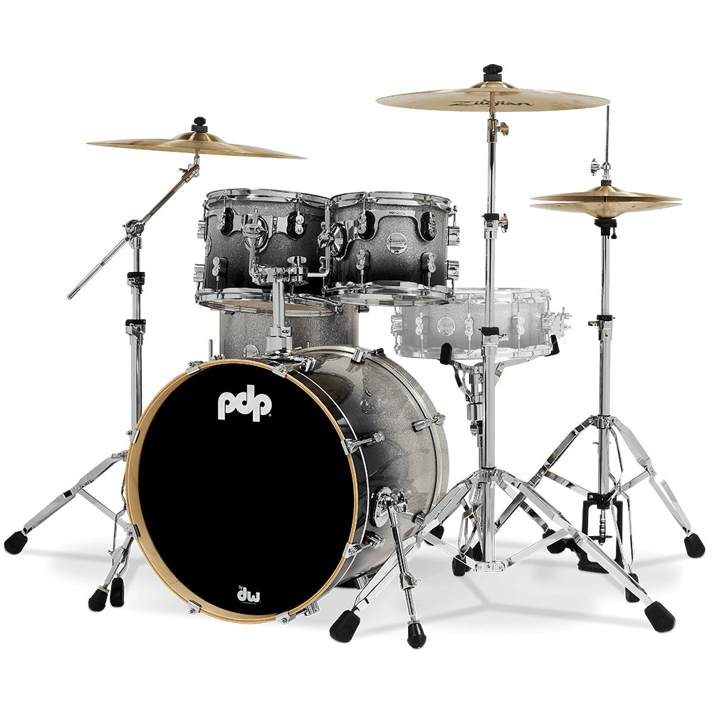 PDP Concept Maple Lacquer CM Fusion Kit Shell Pack w/ Chrome Hardware (16x20 w/ BDM, 8x10, 9x12, 14x14FT) - Silver to Black Fade