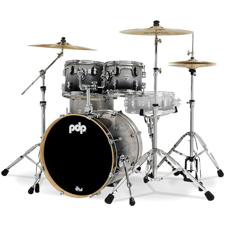 PDP Concept Maple Lacquer CM Fusion Kit Shell Pack w/ Chrome Hardware (16x20 w/ BDM, 8x10, 9x12, 14x14FT) - Silver to Black Fade