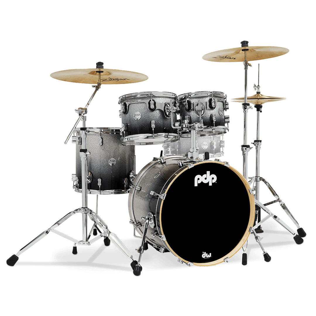 PDP Concept Maple Lacquer CM Fusion Kit Shell Pack w/ Chrome Hardware (16x20 w/ BDM, 8x10, 9x12, 14x14FT) - Silver to Black Fade