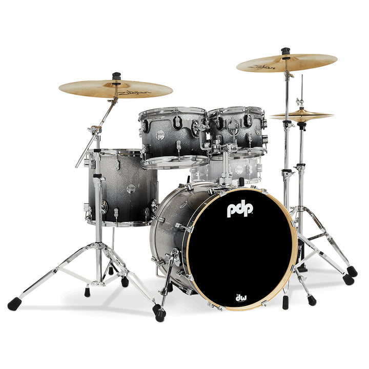 PDP Concept Maple Lacquer CM Fusion Kit Shell Pack w/ Chrome Hardware (16x20 w/ BDM, 8x10, 9x12, 14x14FT) - Silver to Black Fade
