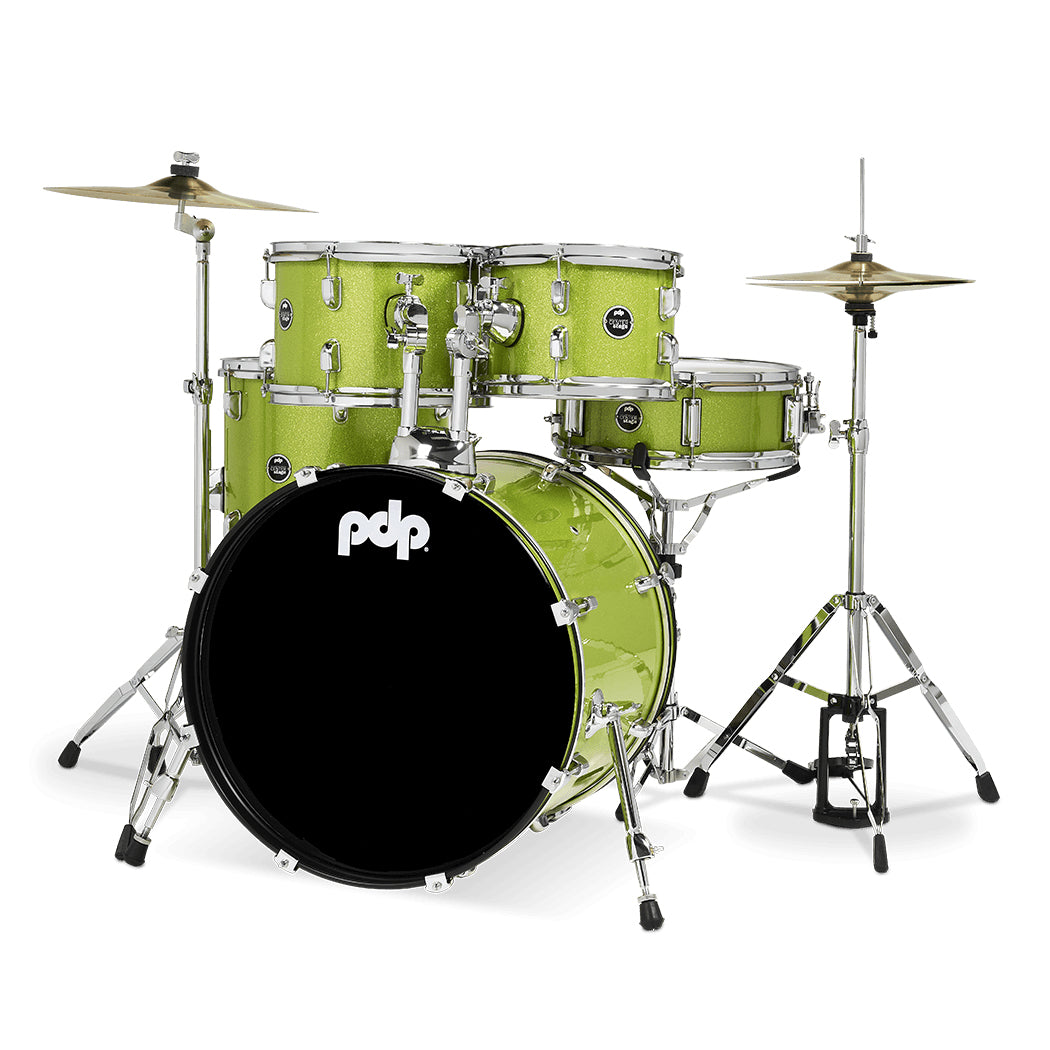 PDP Center Stage 5-Piece Complete Drum Kit w/ Hardware, Cymbals & Throne (7x10, 8x12, 12x14F, 14x20, 5x14 Snare) - Electric Green Sparkle