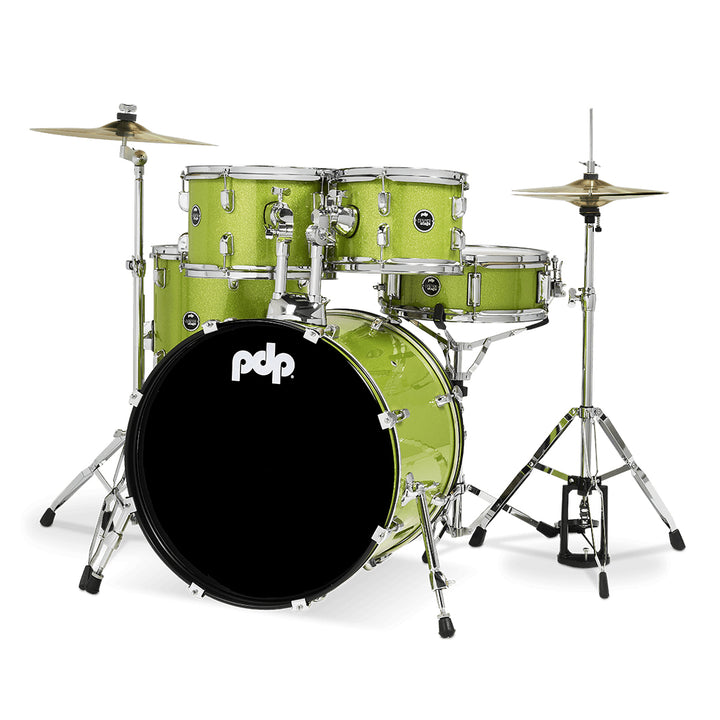 PDP Center Stage 5-Piece Complete Drum Kit w/ Hardware, Cymbals & Throne (7x10, 8x12, 12x14F, 14x20, 5x14 Snare) - Electric Green Sparkle