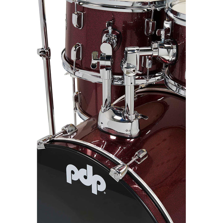 PDP Center Stage 5-Piece Complete Drum Kit w/ Hardware, Cymbals & Throne (7x10, 8x12, 14x16F, 16x22, 5x14 Snare) - Ruby Red Sparkle
