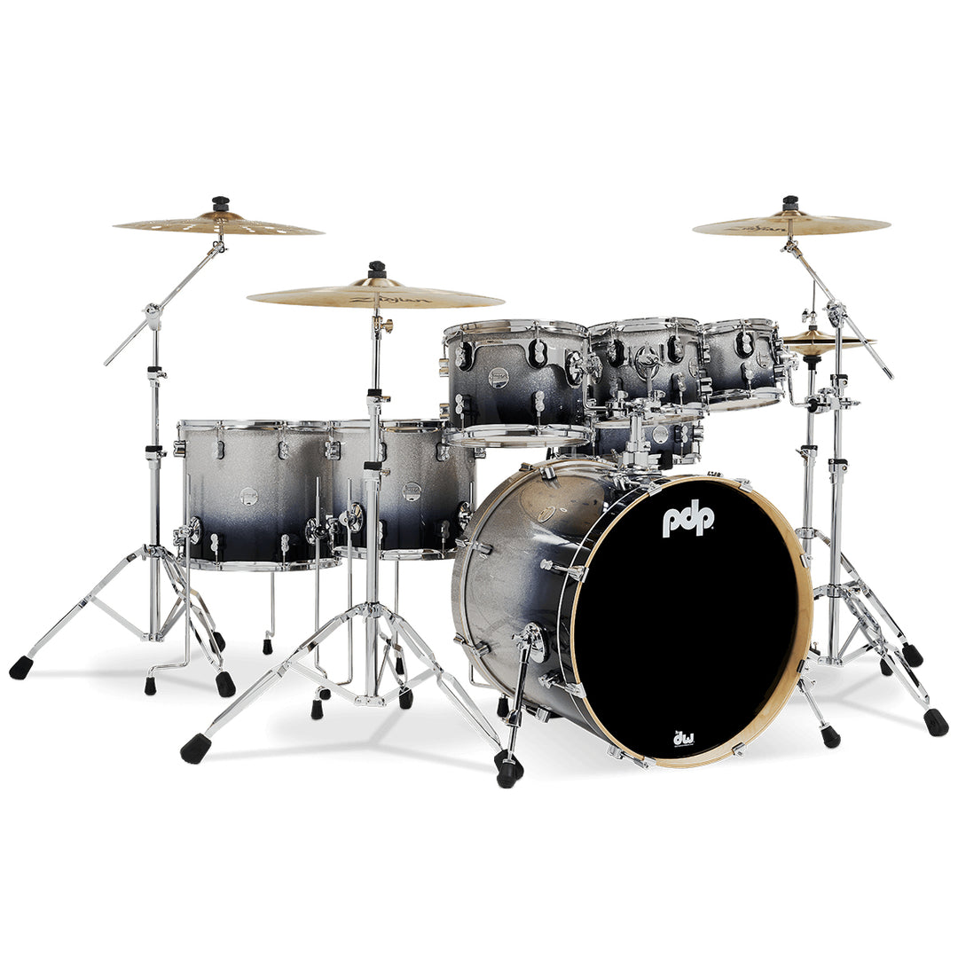 PDP Concept Maple Lacquer CM7 7-Piece Kit Shell Pack w/ Chrome Hardware (18x22 w/ BDM, 7x8, 8x10, 9x12, 12x14FT, 14x16FT, 5.5x14 Snare) - Silver to Black Fade