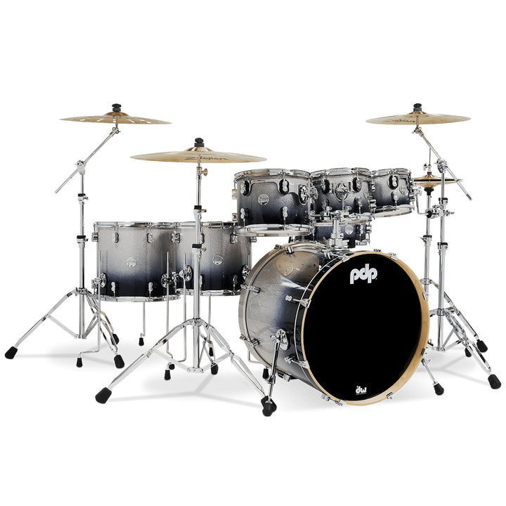 PDP Concept Maple Lacquer CM7 7-Piece Kit Shell Pack w/ Chrome Hardware (18x22 w/ BDM, 7x8, 8x10, 9x12, 12x14FT, 14x16FT, 5.5x14 Snare) - Silver to Black Fade
