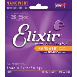 Elixir 11002 Acoustic Guitar 6 String NANOWEB Coated Extra Light .010 - .047