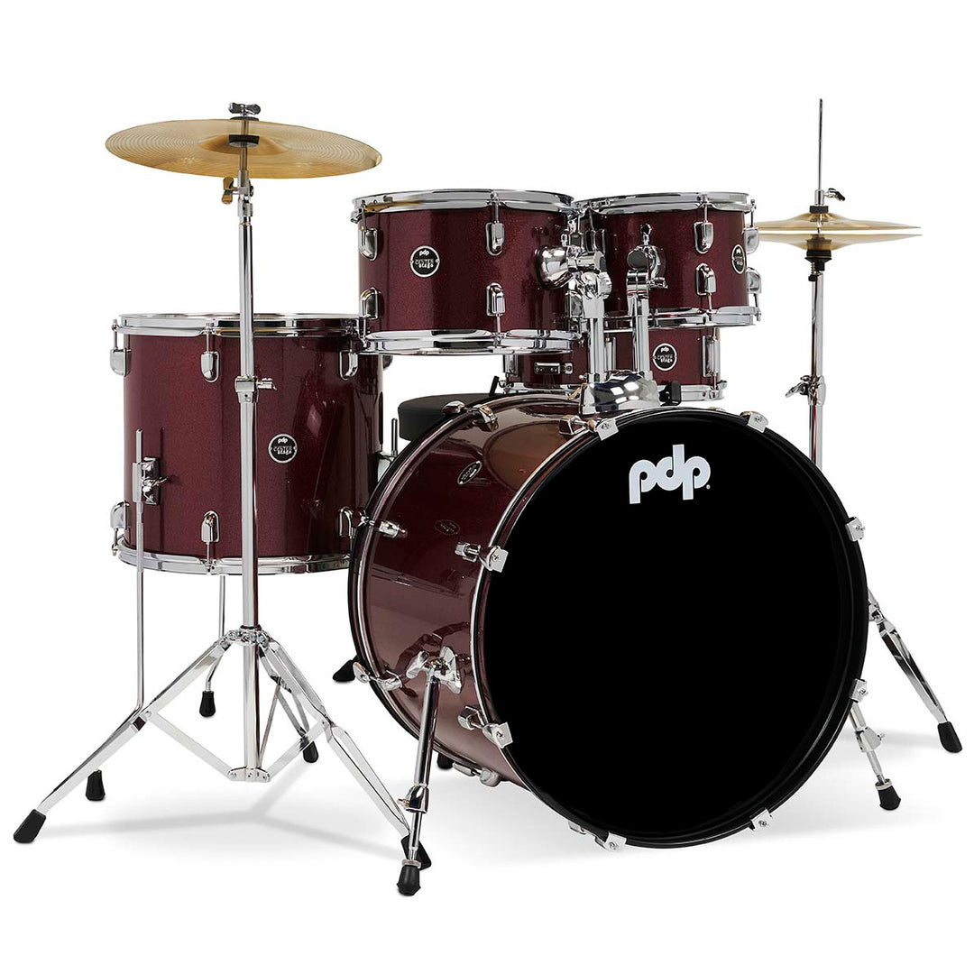 PDP Center Stage 5-Piece Complete Drum Kit w/ Hardware, Cymbals & Throne (7x10, 8x12, 14x16F, 16x22, 5x14 Snare) - Ruby Red Sparkle