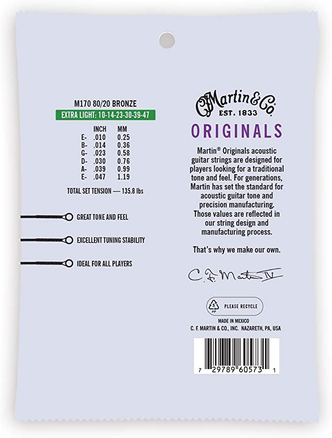 Martin Guitars M170 PK3 80/20 Bronze Extra Light Acoustic Guitar Strings (10-47) 3 packs + 6 free plectrums