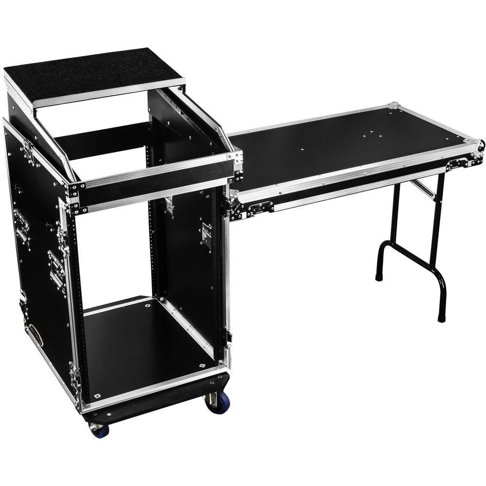 Odyssey FZGS1416WDLX Pro Combo Rack w/ Glide Platform, Side Table & Casters - 14U Over 16U