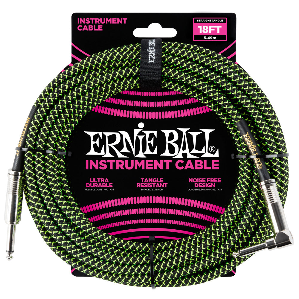Ernie Ball Braided Instrument Cable Straight/Angle 18’ - Green/Black
