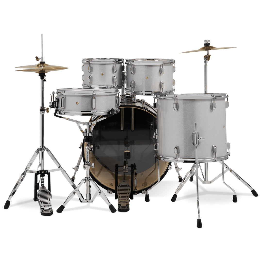 PDP Center Stage 5-Piece Complete Drum Kit w/ Hardware, Cymbals & Throne (7x10, 8x12, 14x16F, 16x22, 5x14 Snare) - Diamond White Sparkle