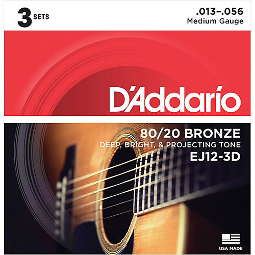 D'Addario EJ12-3D - 3-PACK ACOUS GTR 80/20 BRZ MED