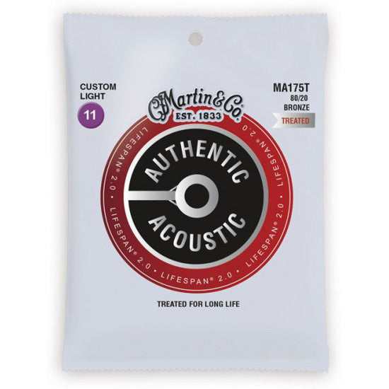 Martin MA175T Authentic Acoustic Lifespan 2.0 Treated 80/20 Bronze Guitar Strings - Custom Light 11-52