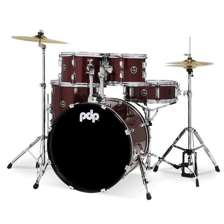 PDP Center Stage 5-Piece Complete Drum Kit w/ Hardware, Cymbals & Throne (7x10, 8x12, 12x14F, 14x20, 5x14 Snare) - Ruby Red Sparkle