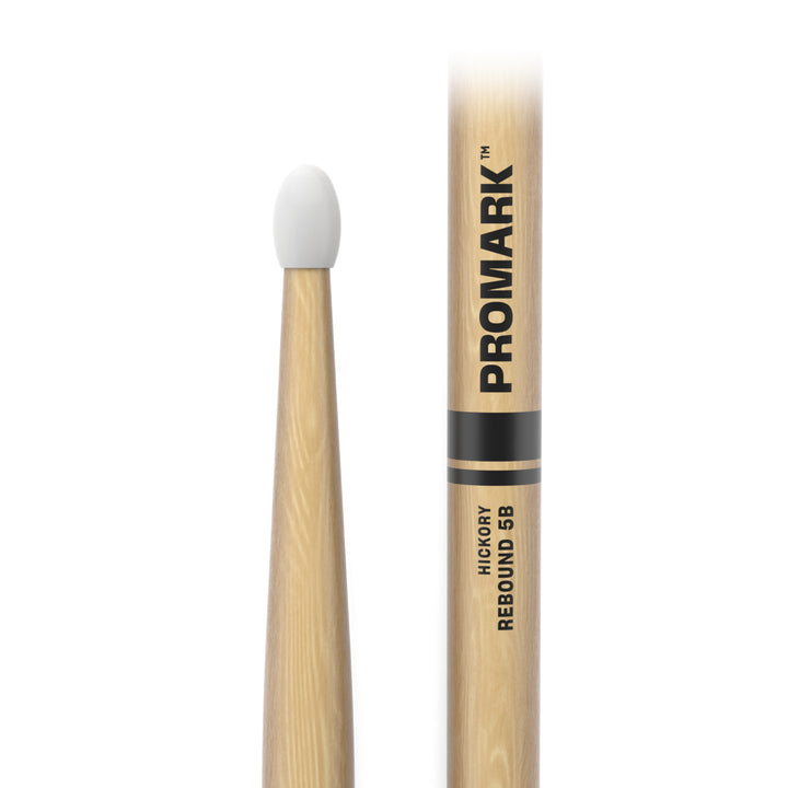 Promark RBH595N-Promark Rebound 5B Hickory Drumsticks, Oval Nylon Tip