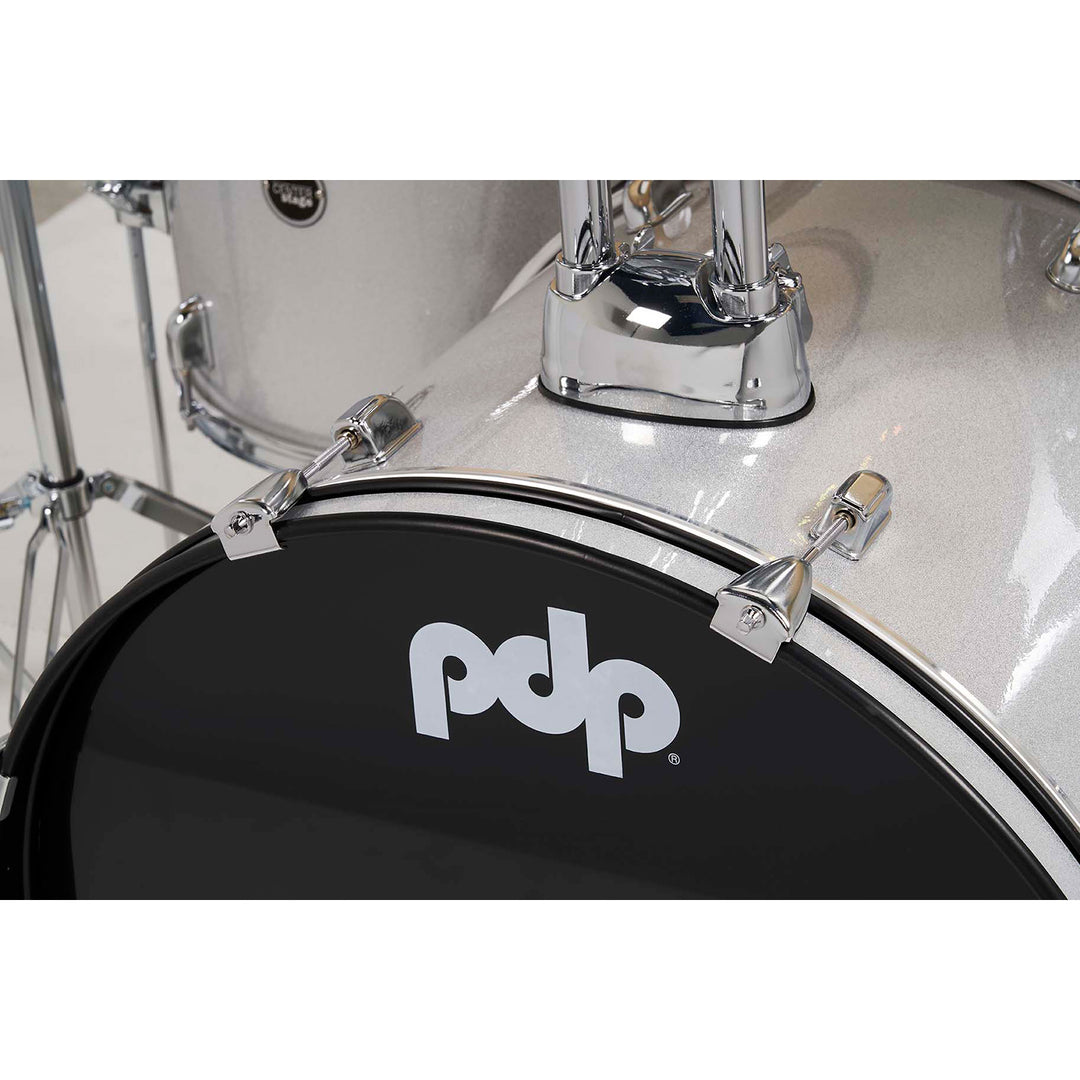 PDP Center Stage 5-Piece Complete Drum Kit w/ Hardware, Cymbals & Throne (7x10, 8x12, 14x16F, 16x22, 5x14 Snare) - Diamond White Sparkle