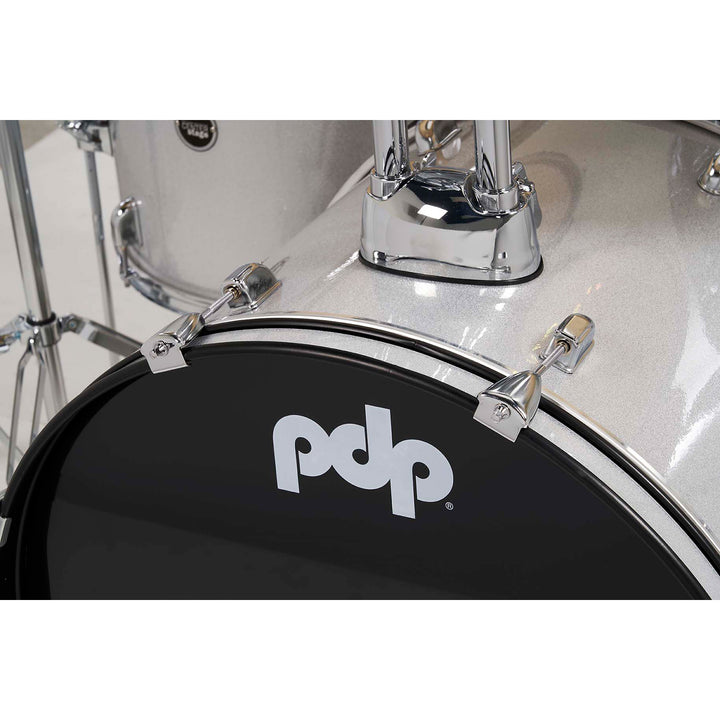 PDP Center Stage 5-Piece Complete Drum Kit w/ Hardware, Cymbals & Throne (7x10, 8x12, 14x16F, 16x22, 5x14 Snare) - Diamond White Sparkle