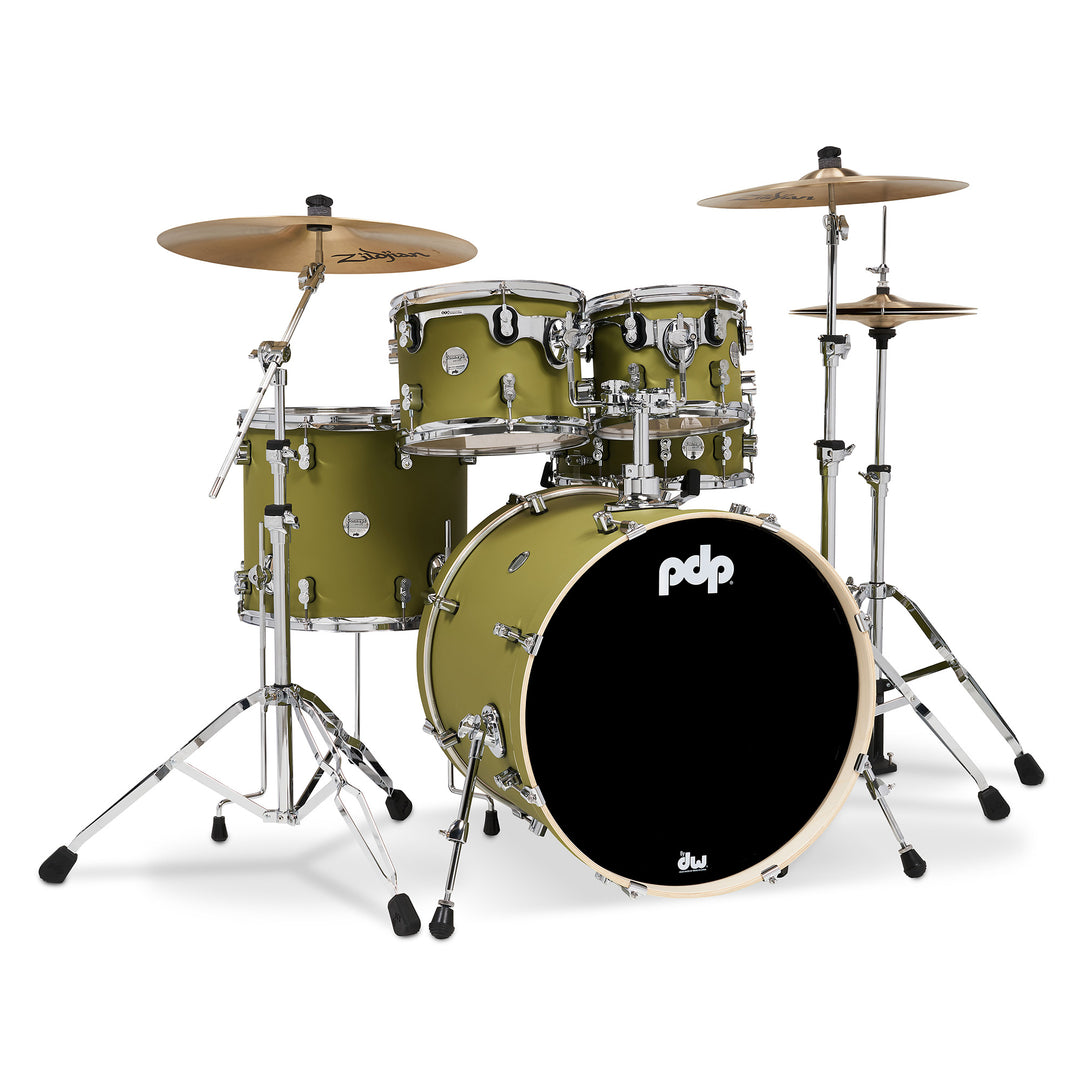 PDP Concept Maple Finish Ply CM5 5-Piece Kit Shell Pack w/ Chrome Hardware (18x22 w/ BDM, 8x10, 9x12, 14x16FT, 5.5x14 Snare) - Satin Olive