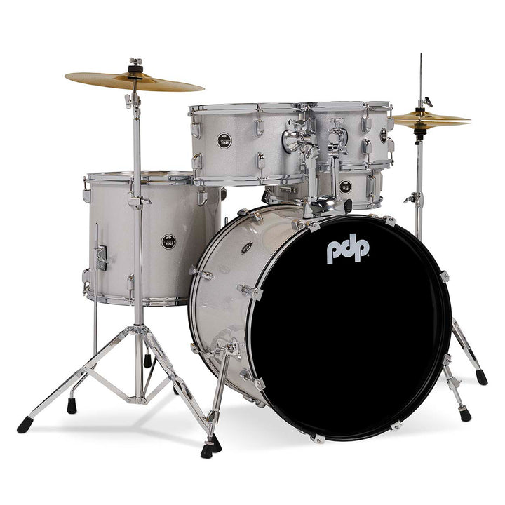 PDP Center Stage 5-Piece Complete Drum Kit w/ Hardware, Cymbals & Throne (7x10, 8x12, 14x16F, 16x22, 5x14 Snare) - Diamond White Sparkle