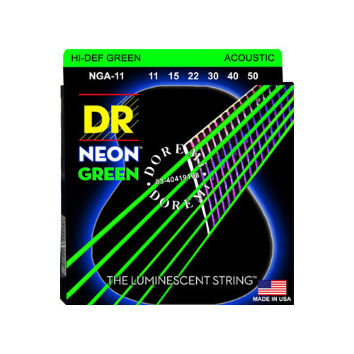 DR Strings NGA-11 (Custom Light) - Hi-Def NEON GREEN: Coated Acoustic: 11, 15, 22, 30, 40, 50