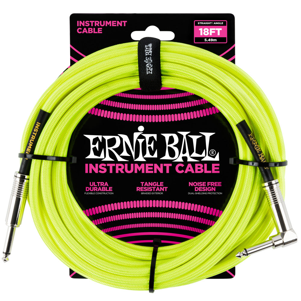 Ernie Ball Braided Instrument Cable Straight/Angle 18’ - Neon Yellow