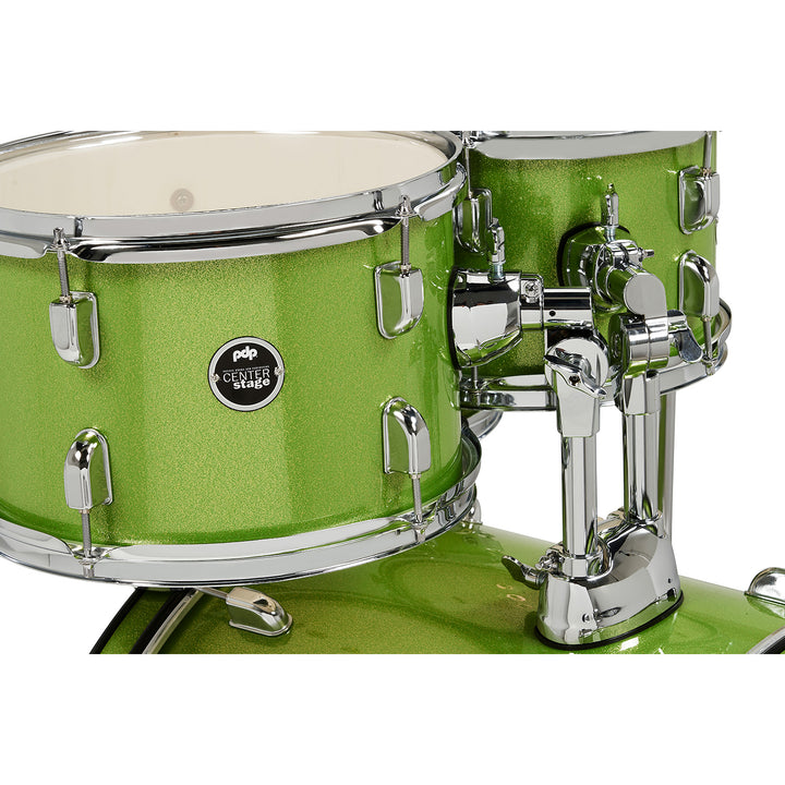 PDP Center Stage 5-Piece Complete Drum Kit w/ Hardware, Cymbals & Throne (7x10, 8x12, 12x14F, 14x20, 5x14 Snare) - Electric Green Sparkle