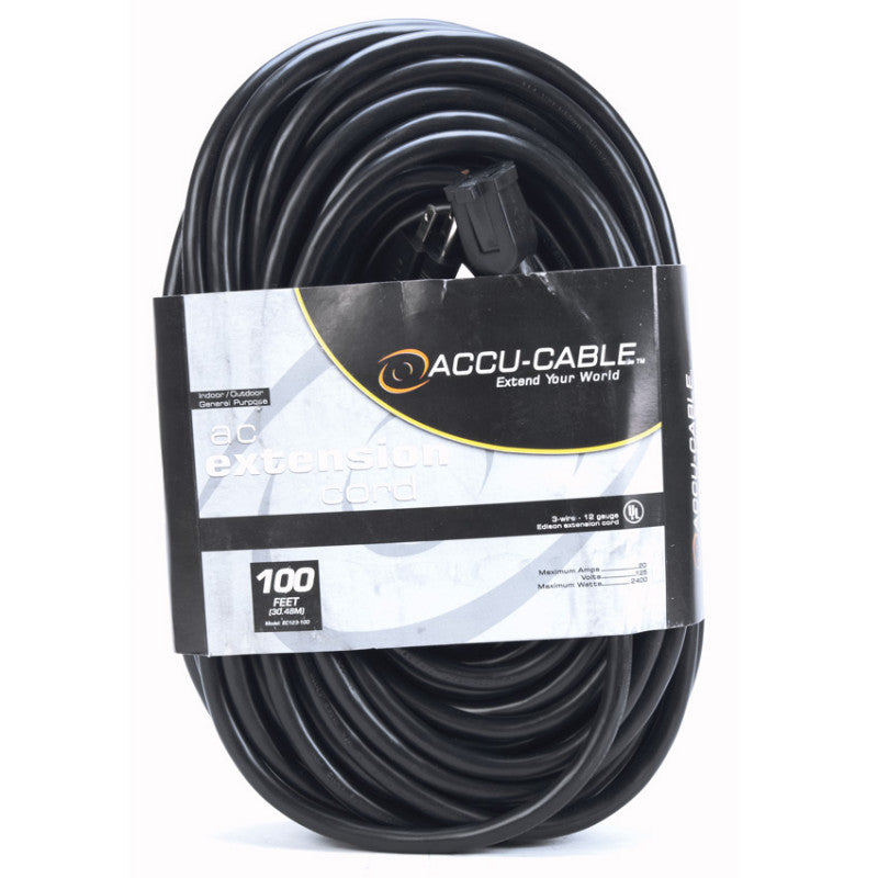 Accu-Cable AC Power Extension Cable 12-Gauge Black 100 Feet