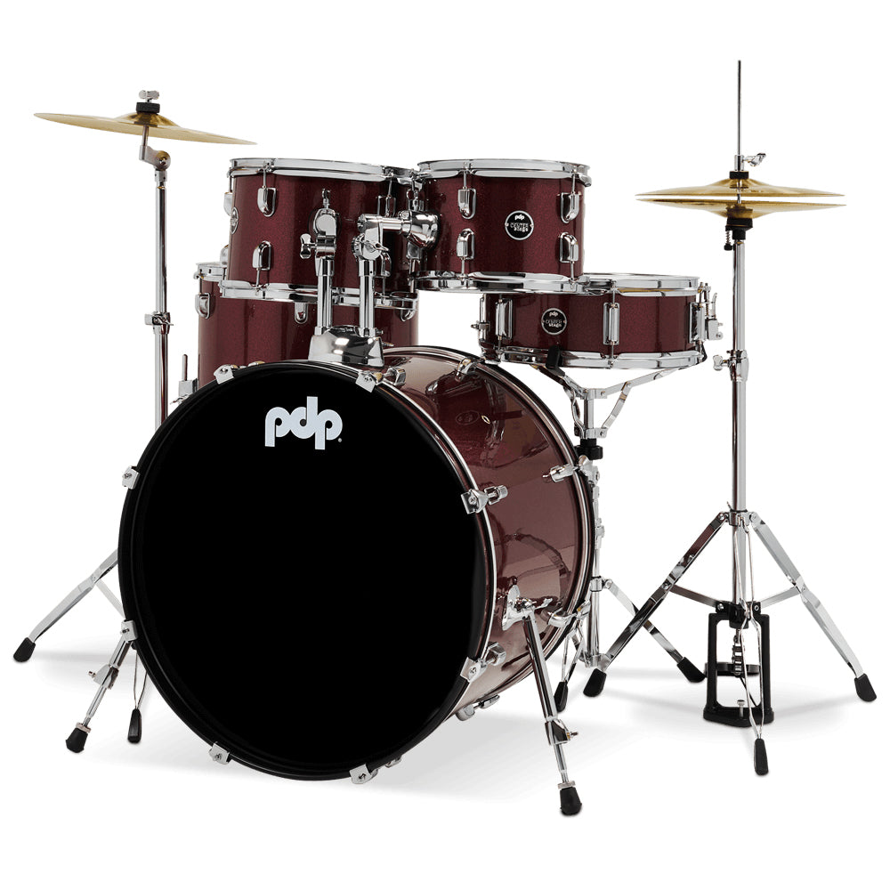 PDP Center Stage 5-Piece Complete Drum Kit w/ Hardware, Cymbals & Throne (7x10, 8x12, 14x16F, 16x22, 5x14 Snare) - Ruby Red Sparkle