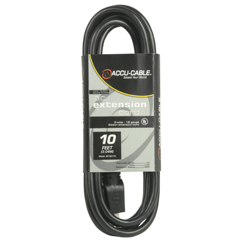 Accu-Cable AC Power Extension Cable 16-Gauge Black 10 Feet