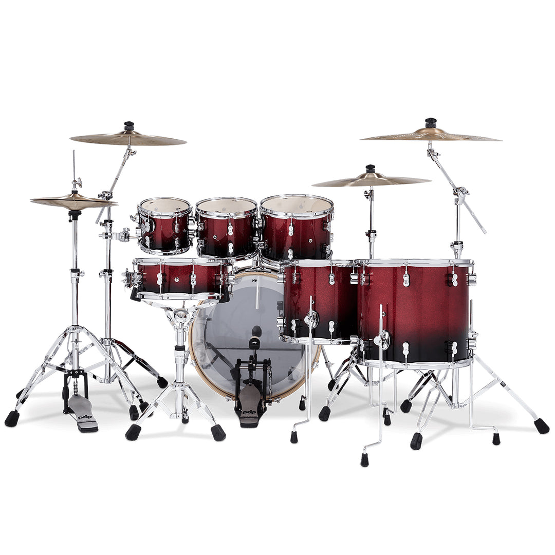 PDP Concept Maple Lacquer CM7 7-Piece Kit Shell Pack w/ Chrome Hardware (18x22 w/ BDM, 7x8, 8x10, 9x12, 12x14FT, 14x16FT, 5.5x14 Snare) - Red to Black Fade