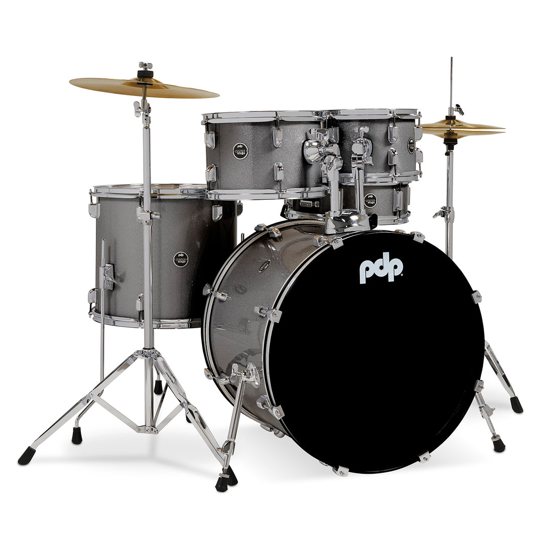 PDP Center Stage 5-Piece Complete Drum Kit w/ Hardware, Cymbals & Throne (7x10, 8x12, 14x16F, 16x22, 5x14 Snare) - Silver Sparkle