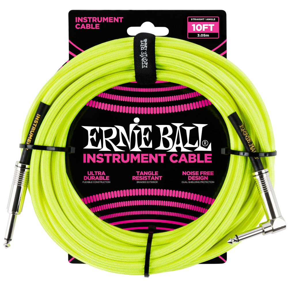 Ernie Ball Braided Instrument Cable Straight/Angle 10’ - Neon Yellow