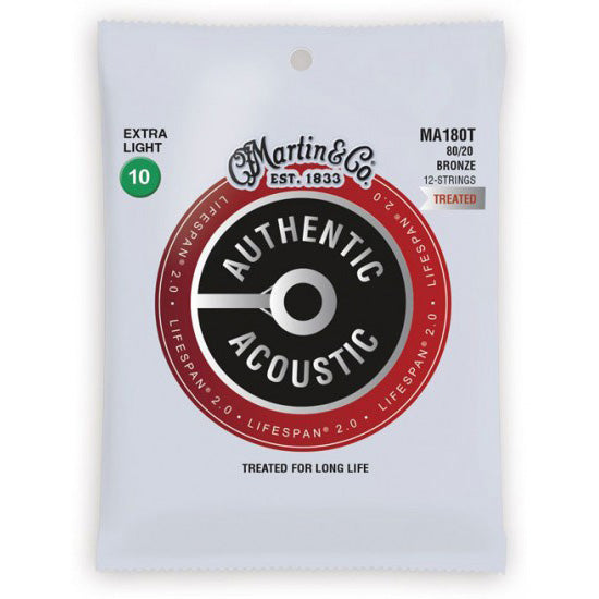 Martin MA180T Authentic Acoustic Lifespan 2.0 Treated 80/20 Bronze Guitar Strings - Extra Light 12-String