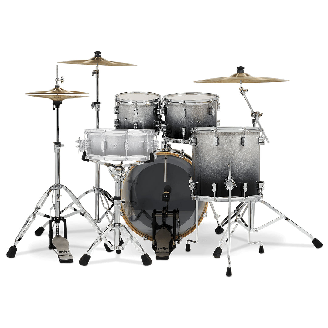 PDP Concept Maple Lacquer CM Fusion Kit Shell Pack w/ Chrome Hardware (16x20 w/ BDM, 8x10, 9x12, 14x14FT) - Silver to Black Fade