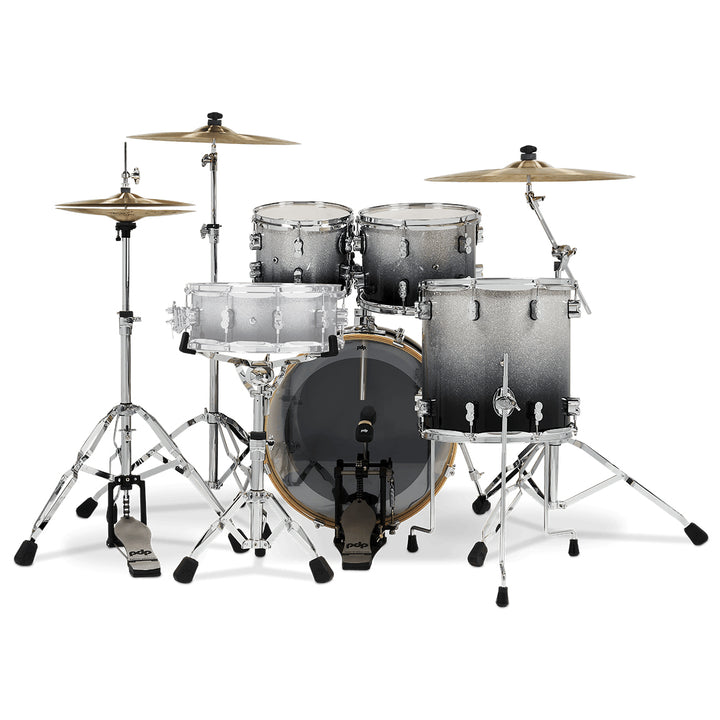 PDP Concept Maple Lacquer CM Fusion Kit Shell Pack w/ Chrome Hardware (16x20 w/ BDM, 8x10, 9x12, 14x14FT) - Silver to Black Fade