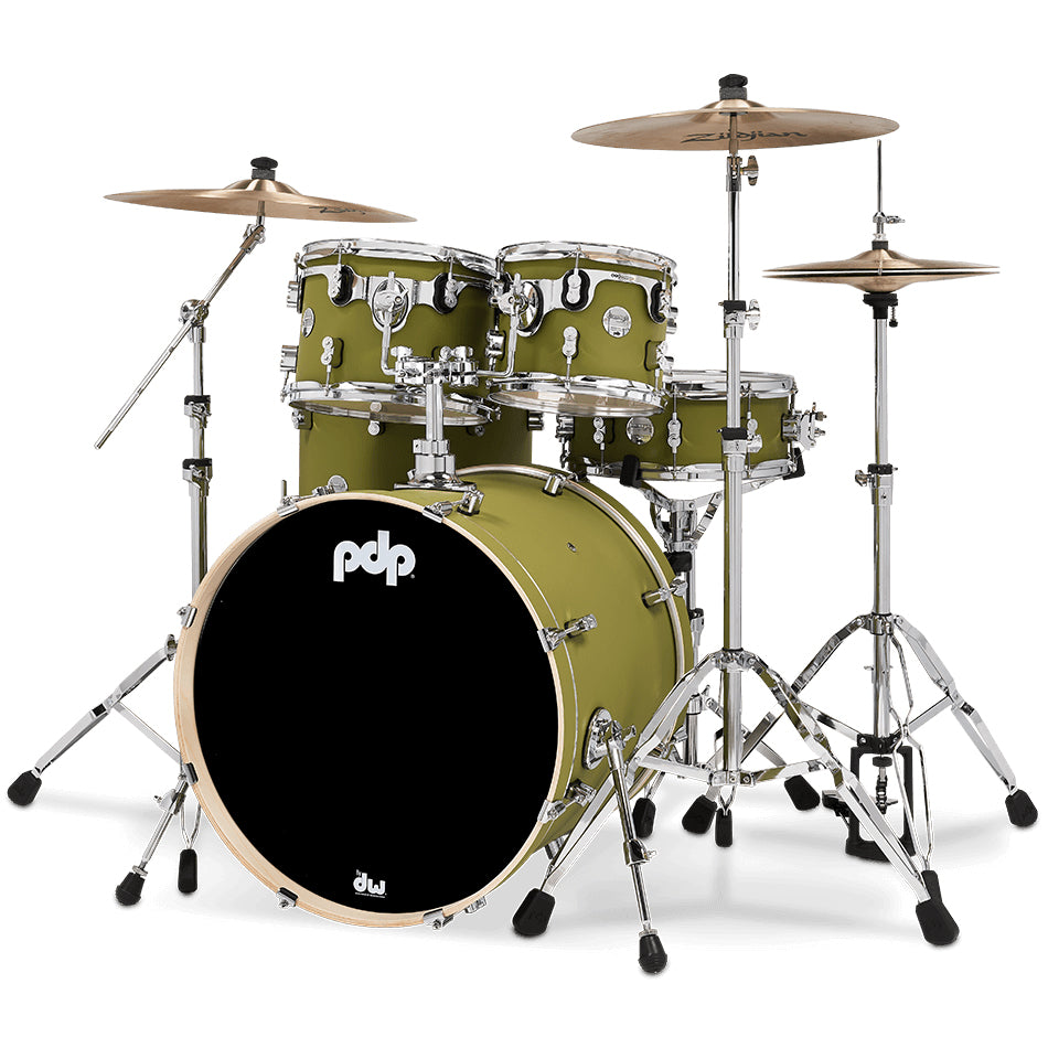 PDP Concept Maple Finish Ply CM5 5-Piece Kit Shell Pack w/ Chrome Hardware (18x22 w/ BDM, 8x10, 9x12, 14x16FT, 5.5x14 Snare) - Satin Olive