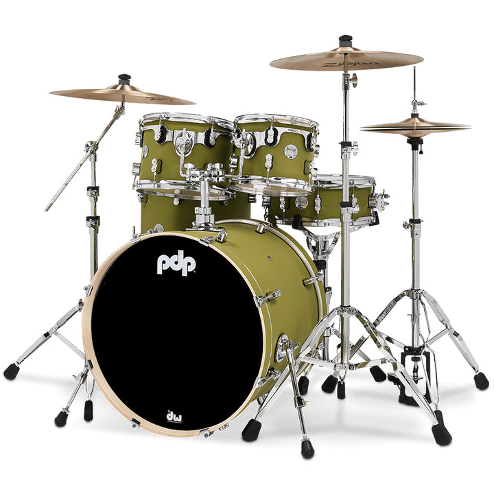 PDP Concept Maple Finish Ply CM5 5-Piece Kit Shell Pack w/ Chrome Hardware (18x22 w/ BDM, 8x10, 9x12, 14x16FT, 5.5x14 Snare) - Satin Olive