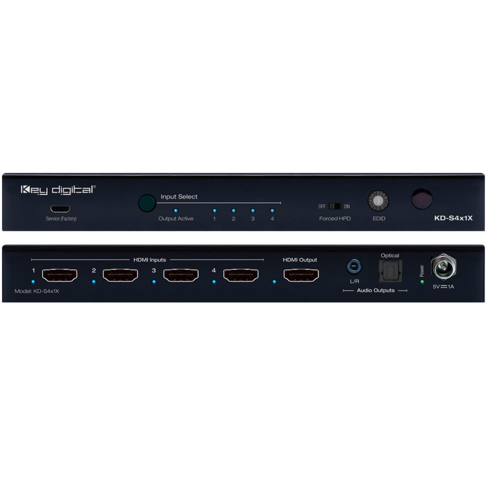 Key Digital KD-S4x1X 4x1 4K/18G HDMI Switcher with L/R & Optical Audio De-Embed Output