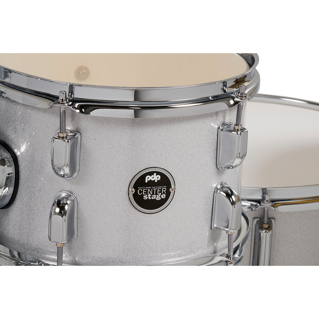 PDP Center Stage 5-Piece Complete Drum Kit w/ Hardware, Cymbals & Throne (7x10, 8x12, 12x14F, 14x20, 5x14 Snare) - Diamond White Sparkle