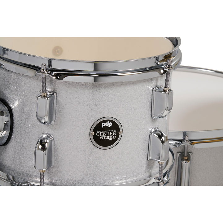 PDP Center Stage 5-Piece Complete Drum Kit w/ Hardware, Cymbals & Throne (7x10, 8x12, 12x14F, 14x20, 5x14 Snare) - Diamond White Sparkle