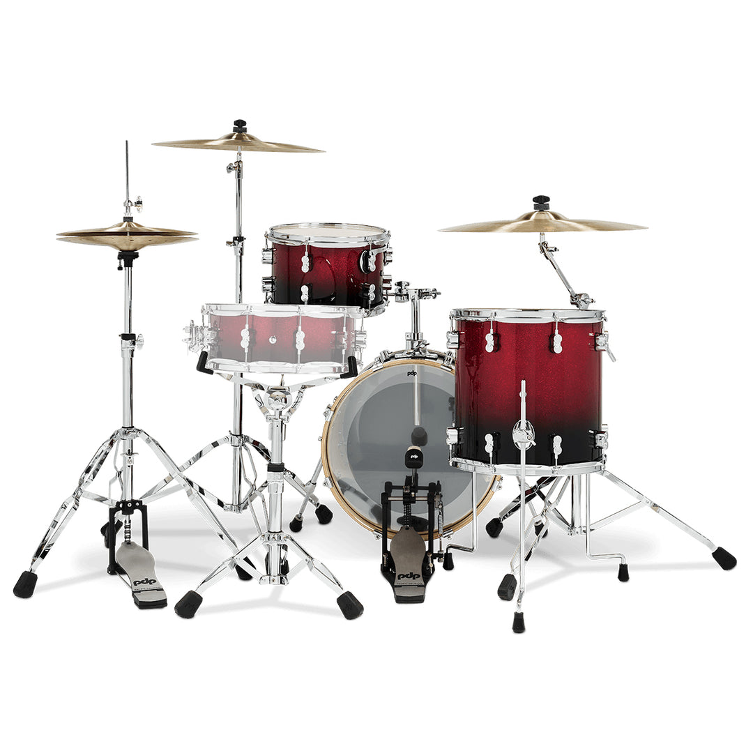 PDP Concept Maple Lacquer CM Bop Kit Shell Pack w/ Chrome Hardware (14x18 w/ BDM, 8x12, 14x14FT) - Red to Black Fade