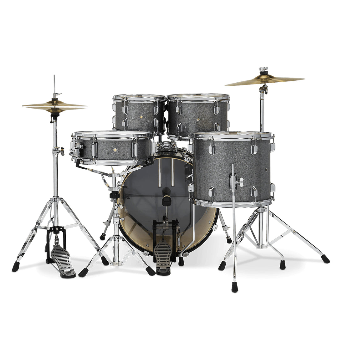 PDP PDCE2015KTSS 5 Piece Center Stage Series Complete Acoustic Drum Kit w/ 20" Kick, Hardware, Cymbals, and Throne - Silver Sparkle