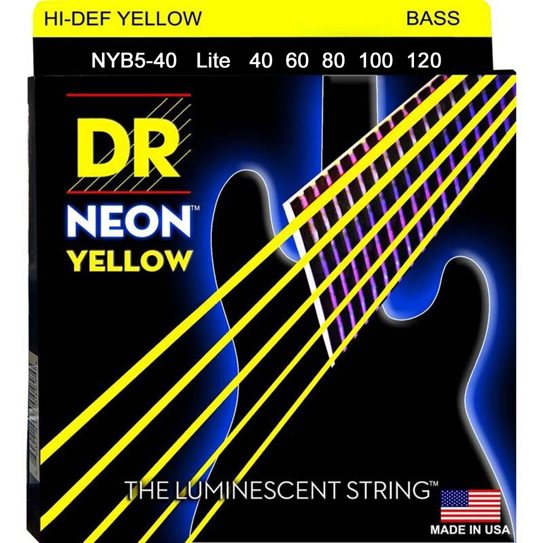 DR Strings NYB5-40 (Light 5's) - Hi-Def NEON YELLOW: Coated Bass Strings: 40, 60, 80, 100, 120