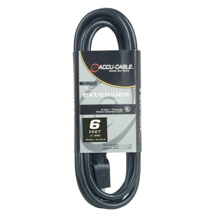 Accu-Cable AC Power Extension Cable 16-Gauge Black 6 Feet