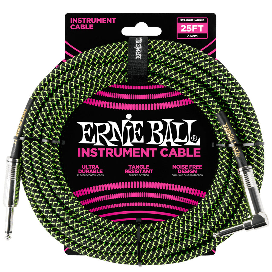 Ernie Ball Braided Instrument Cable Straight/Angle 25’ - Green/Black