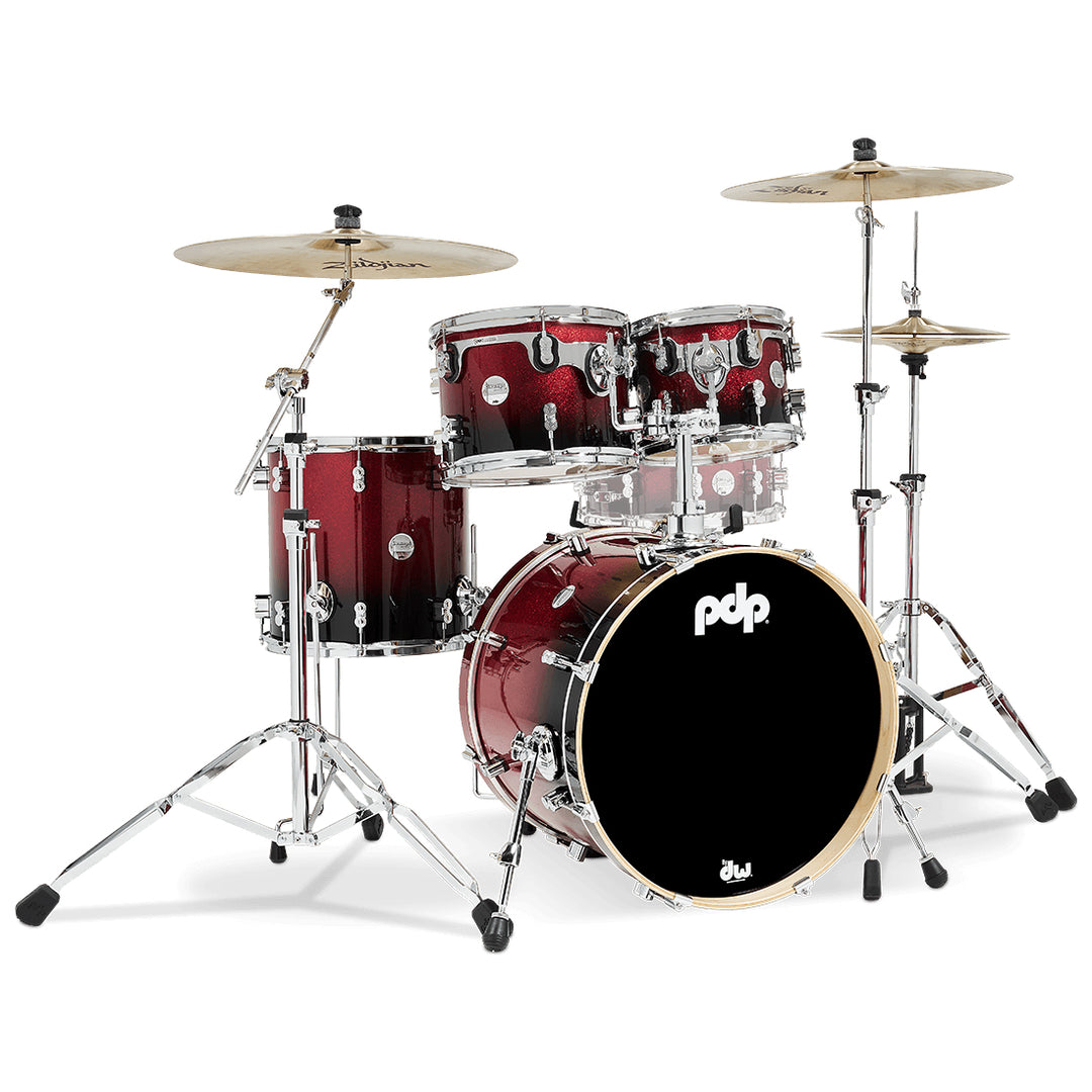 PDP Concept Maple Lacquer CM Fusion Kit Shell Pack w/ Chrome Hardware (16x20 w/ BDM, 8x10, 9x12, 14x14FT) - Red to Black Fade