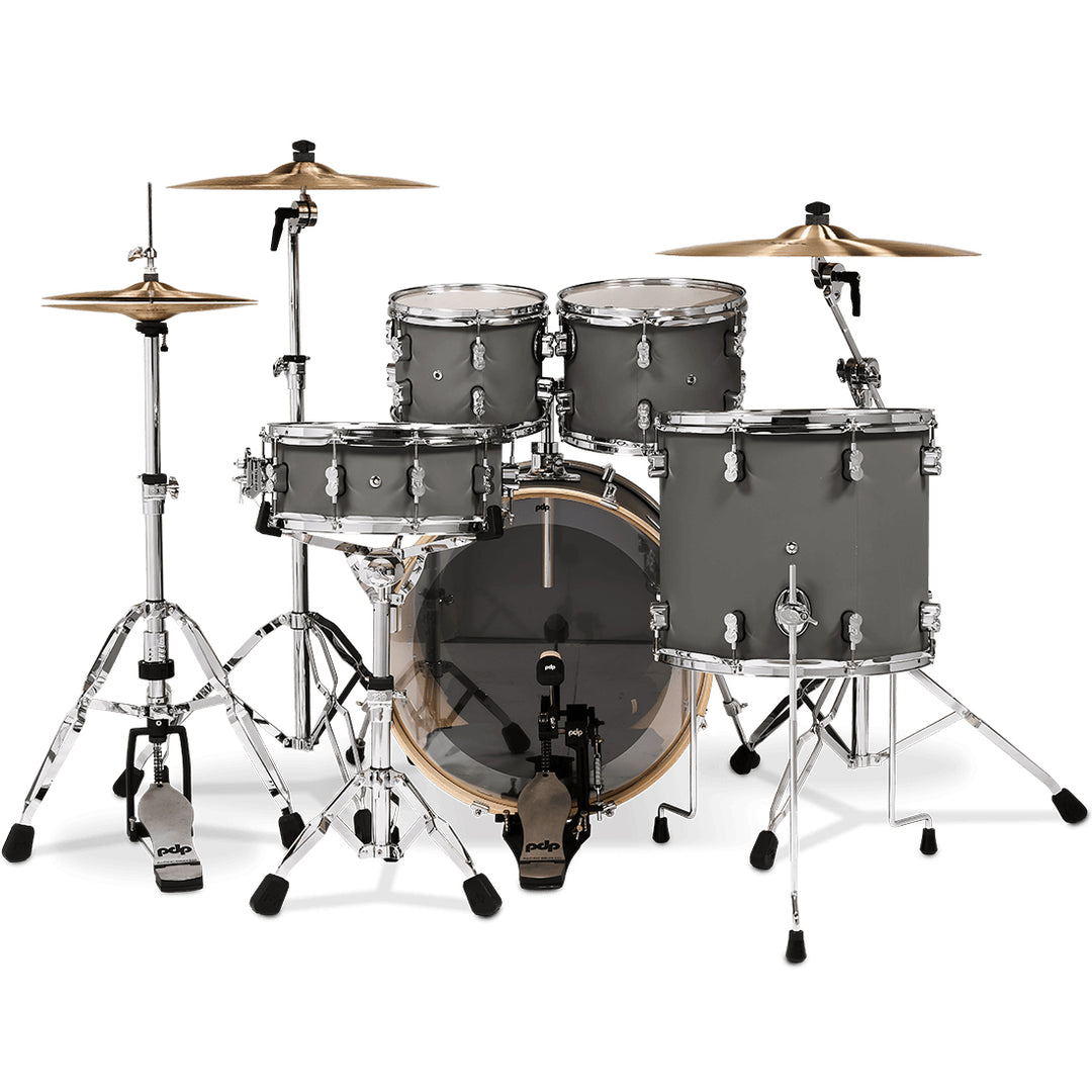 PDP Concept Maple Finish Ply CM5 5-Piece Kit Shell Pack w/ Chrome Hardware (18x22 w/ BDM, 8x10, 9x12, 14x16FT, 5.5x14 Snare) - Satin Pewter