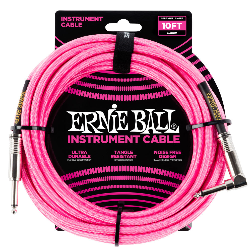Ernie Ball Braided Instrument Cable Straight/Angle 10’ - Neon Pink